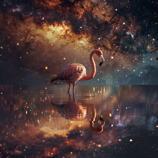 Flamingo under starlight with galaxy reflected