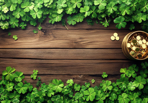 St. Patrick's Day banner with green grass and clover on wood