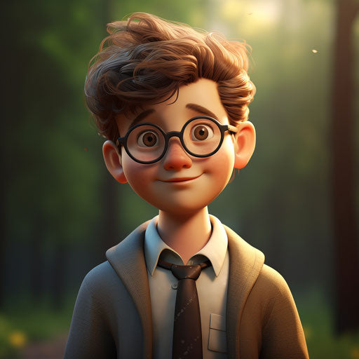Cartoon boy with glasses, lifelike cottagepunk style