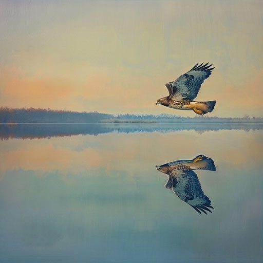 Solitary hawk flying low over serene lake at dusk