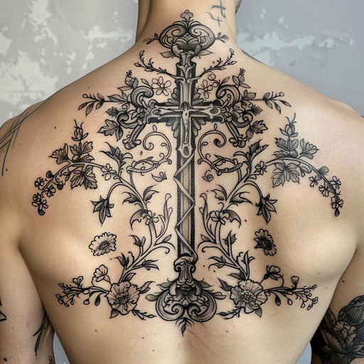 Botanical cross tattoo with vines and flowers for men
