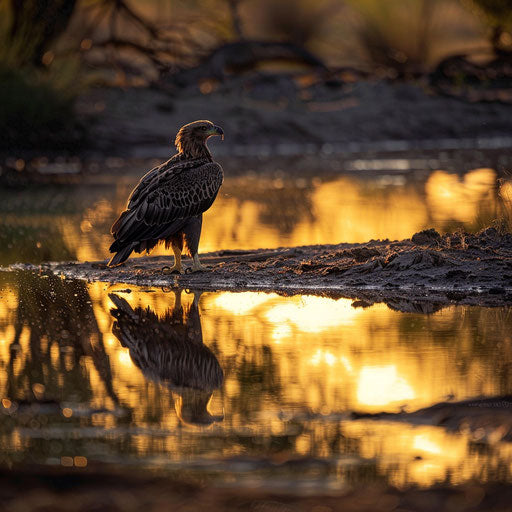Giant eagle's reflection in calm water in the outback during golden hour
