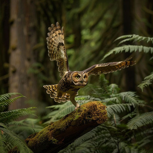 Spotted owl ready to take off from mossy fallen log