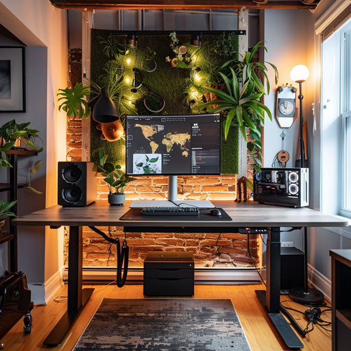 Productive workspace with standing desk and motivational posters