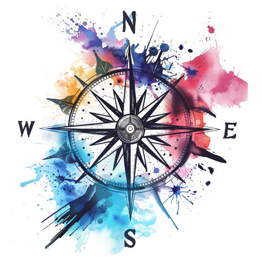 Bold tattoo sketch of a compass rose with thick outlines and watercolor splash in pastel shades