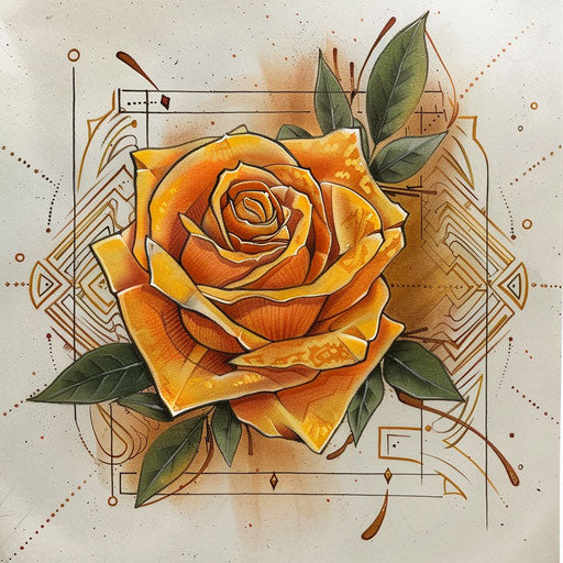 Elegant flat tattoo sketch of a yellow rose with Art Deco elements and golden accents