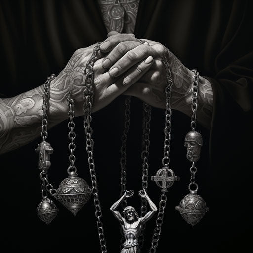 Praying hands holding a rosary, digital airbrush style