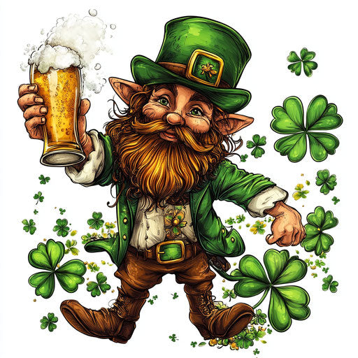 Leprechaun, clovers and beer white clipart