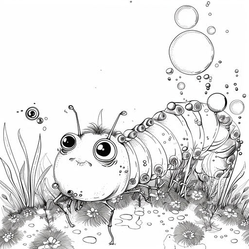 A playful scene of a caterpillar blowing bubbles. Coloring book page