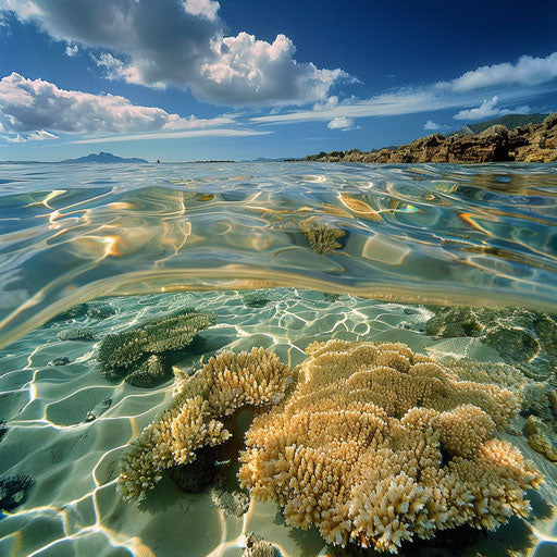 Sandy beach with visible coral reefs in clear water