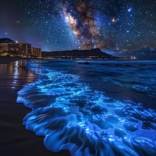 Waikiki at night with starry sky and bioluminescent waves