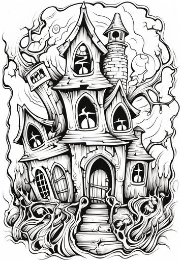The spooky house decorating, Halloween coloring card