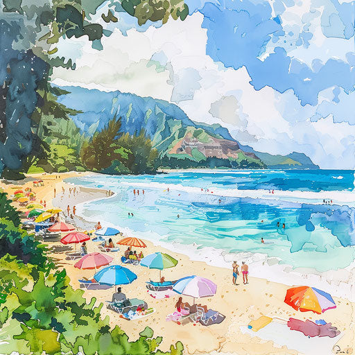 Beach scene at Hanalei Bay Beach with colorful umbrellas and crystal-clear water