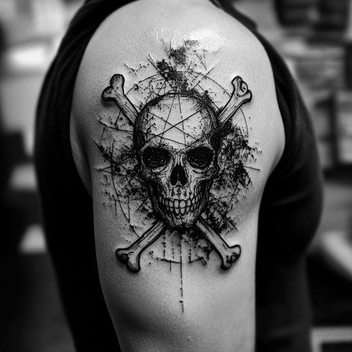 Men's upper arm tattoos with pirate skull and crossbones