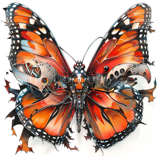 Biomechanical style monarch butterfly merging organic and mechanical on white