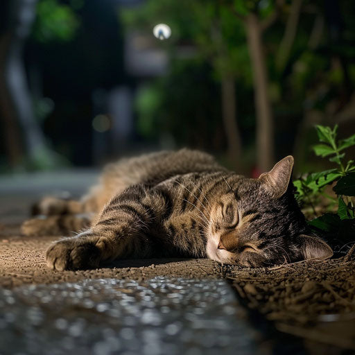fat cat outside at night