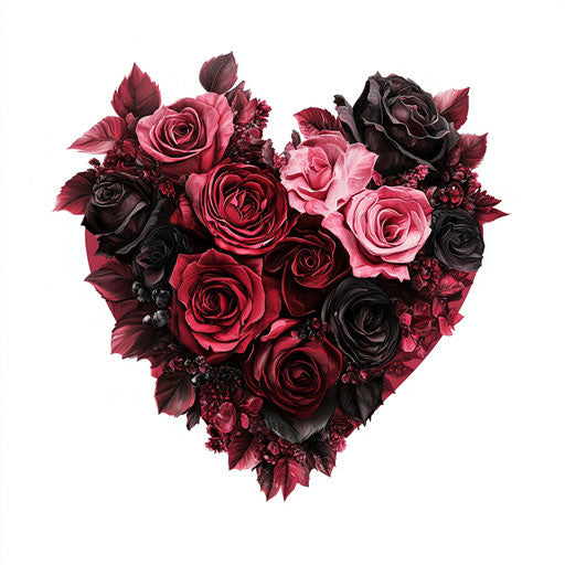 Heart-shaped composition of red roses and hearts
