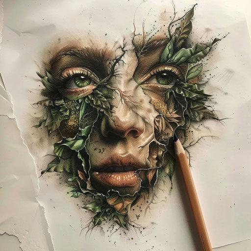 Surreal tattoo sketch of a face merging with nature, green and brown earth tones