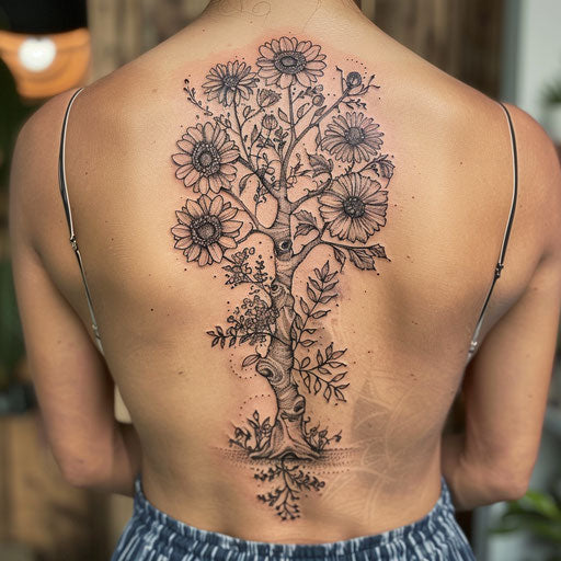 Wildflower tattoo with tree, earthy tones, detailed trunk, grounding design