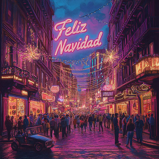 Merry Christmas in neon on bustling city street with lights