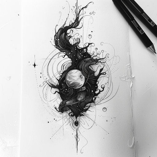 Black heart merging into abstract cosmic scene