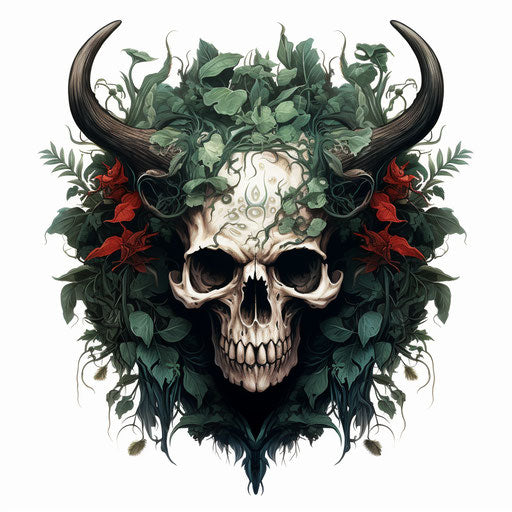 Skull and animal head with leaves, strong contrast style