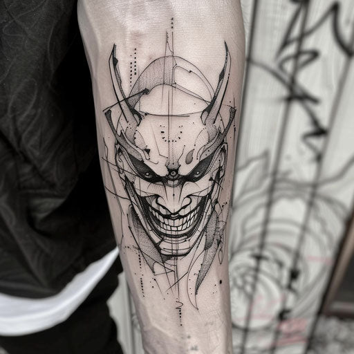 Modern flat tattoo sketch of a Hannya mask