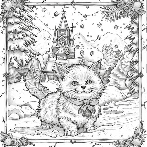 Festive cat in a wintry scene, Jan Brett coloring book style