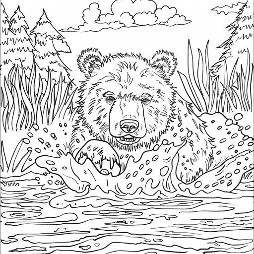Brown bear playing in a river. Coloring book page
