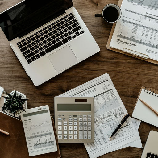Financial planner's desk with calculator and laptop