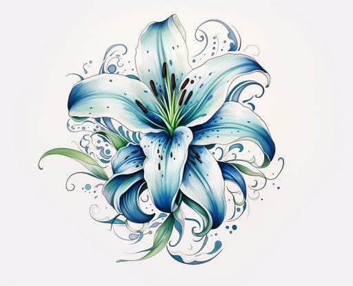 Blue lily drawing in classic tattoo motif style