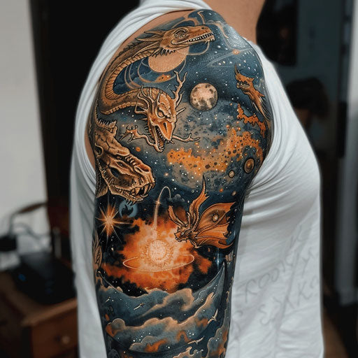 Surreal half sleeve tattoo with cosmic elements and creatures