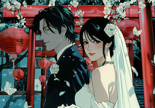 Groom in white wedding dress and bride in white dress, rough-edged 2D animation