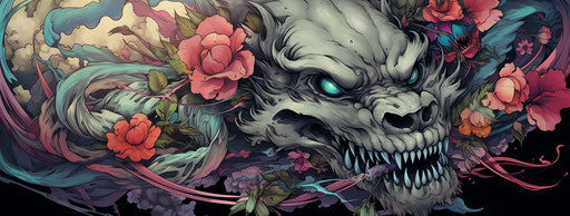 Japanese tattoo design, Chinese lion skull, dragons, and flowers