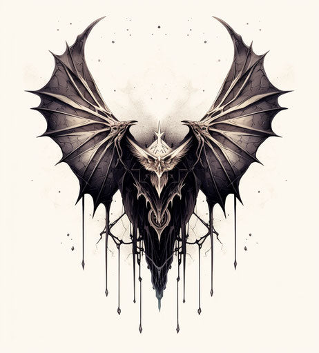 Wings and ink pentagon on white background, midwest gothic style