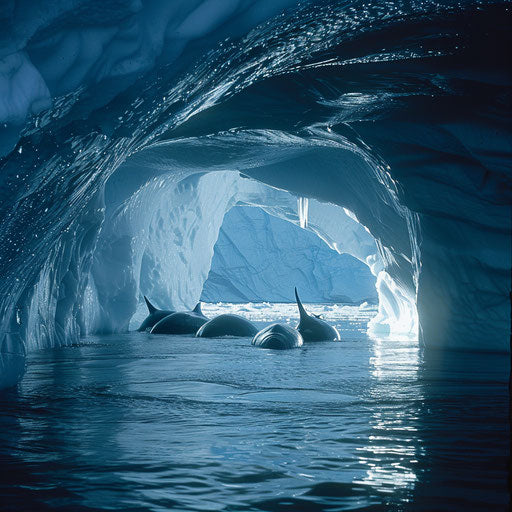Narwhals under an arch of ice, a hidden passage in the Arctic