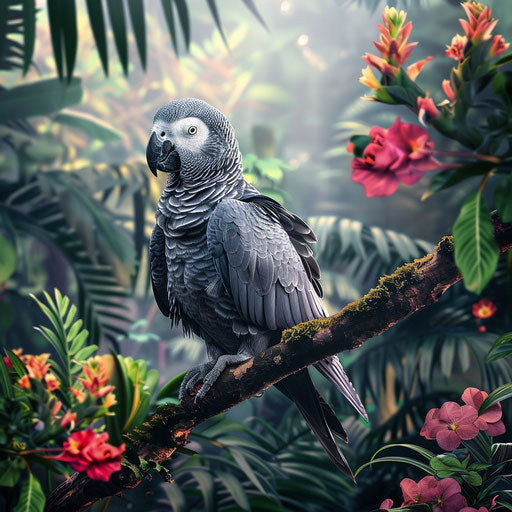 Curious African grey parrot on lush green branch
