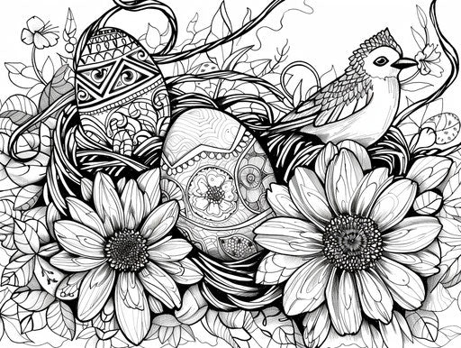 Easter coloring page with eggs and flowers, heavy inking style