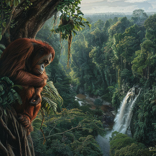 Tapanuli orangutan overlooking waterfall in lush Sumatra jungle