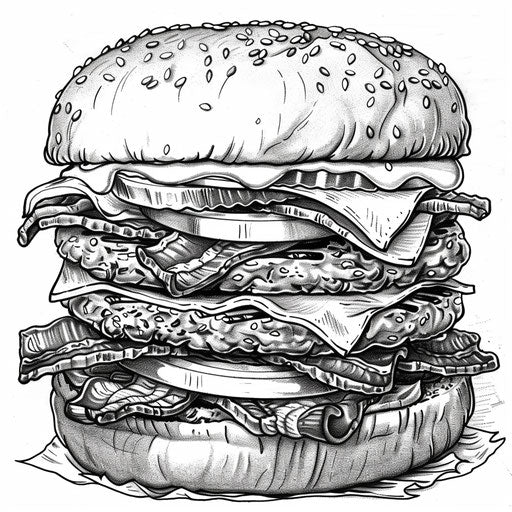 Burger with cheese, bacon, and avocado - Coloring book