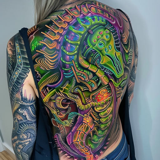 Psychedelic biomechanical back tattoos for women
