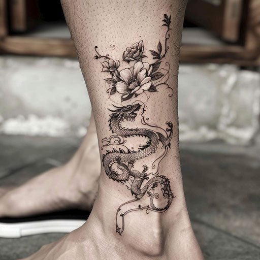 Ankle tattoos in the style of David Palumbo with a mystical dragon