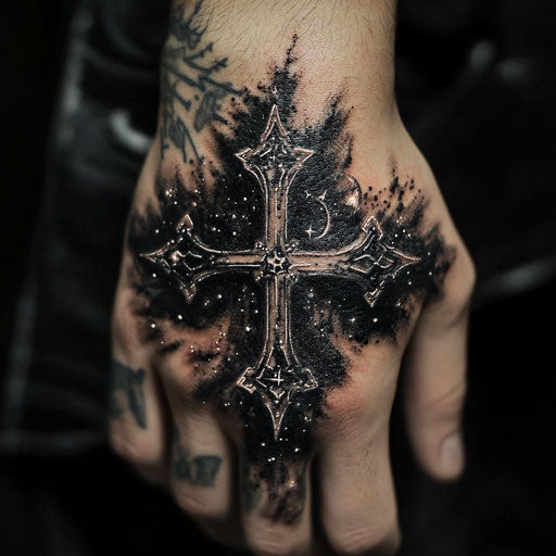 Cross tattoo with celestial motifs on hand
