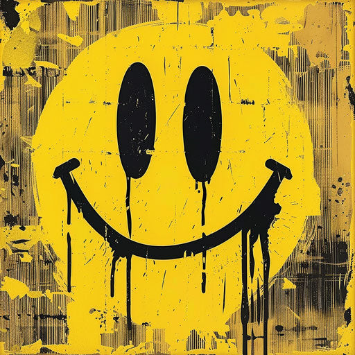 Yellow smiling face with black letters on background
