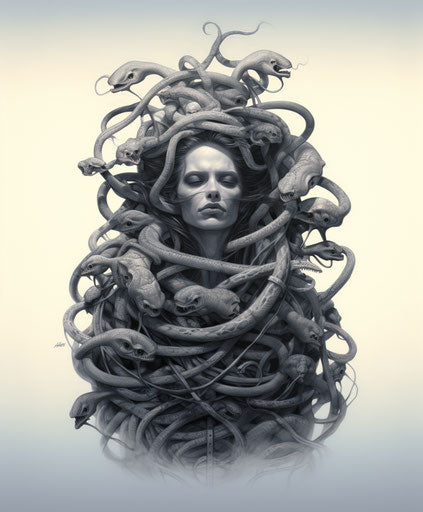 Tattoo of snakes and snake heads in an expressive style