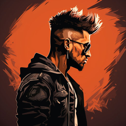 Stylish man with mohawk haircut, animated GIF style, dark black and brown, comic art, smooth lines, hip-hop style, wavy