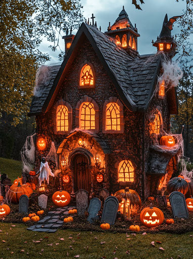 Haunted house for Halloween with ghostly figures and decorations