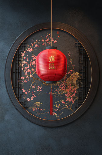 Red lantern surrounded by plum blossoms and golden clouds