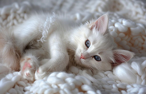 White kitten on white wool blanket, light pink and dark brown style