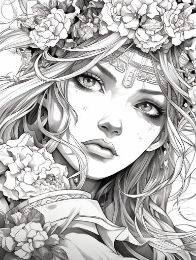Adult coloring pages with flowers, in the style of cyberpunk manga, hip hop influenced, fairycore, hinchel or, subtle 3:4